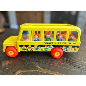 Vintage 1960's Fisher-Price  pull toy bus with 7 wooden people